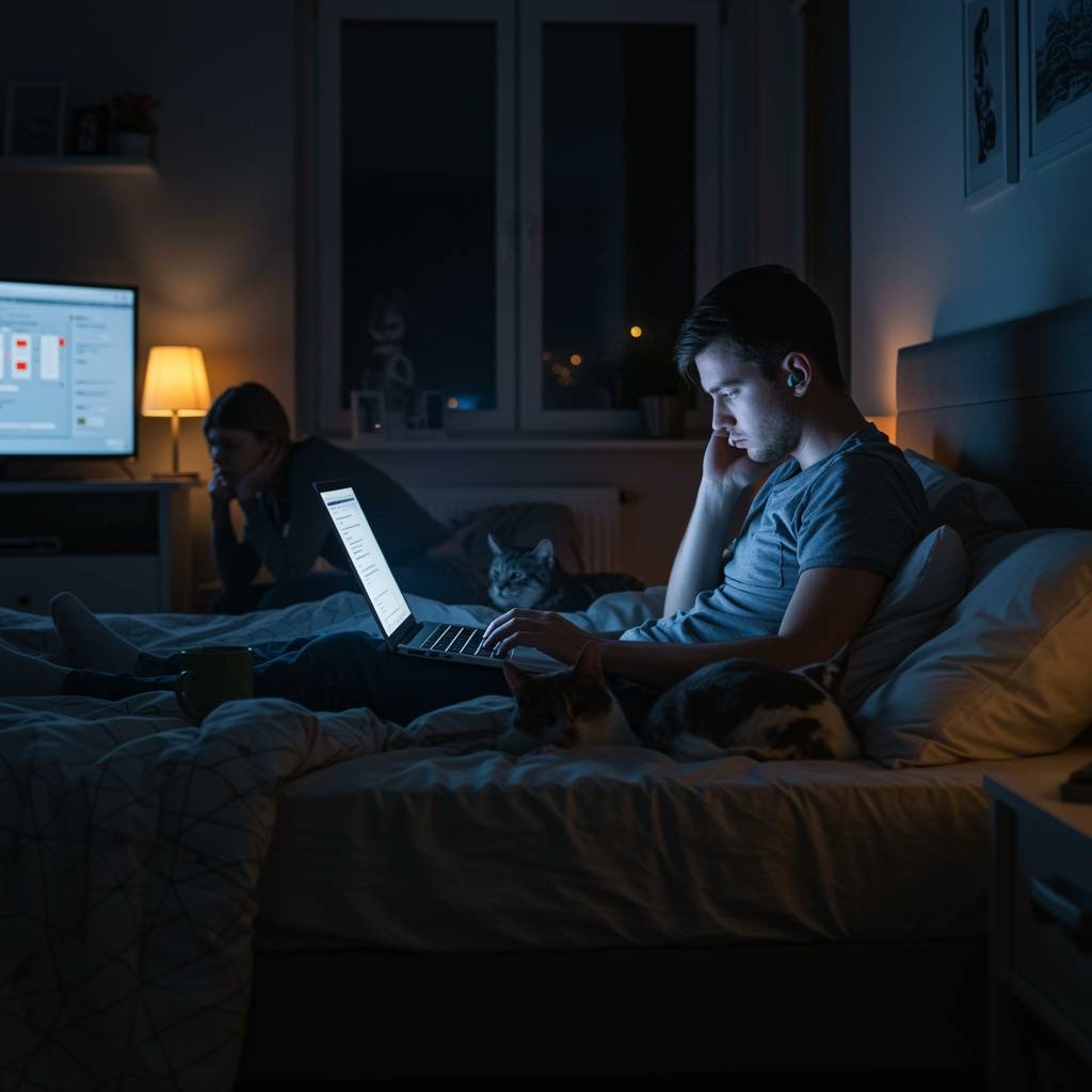 A stressed person working late at night on a laptop in bed, surrounded by a glowing screen, a cup of tea, and a frustrated partner nearby—capturing digital burnout and the struggle to switch off.