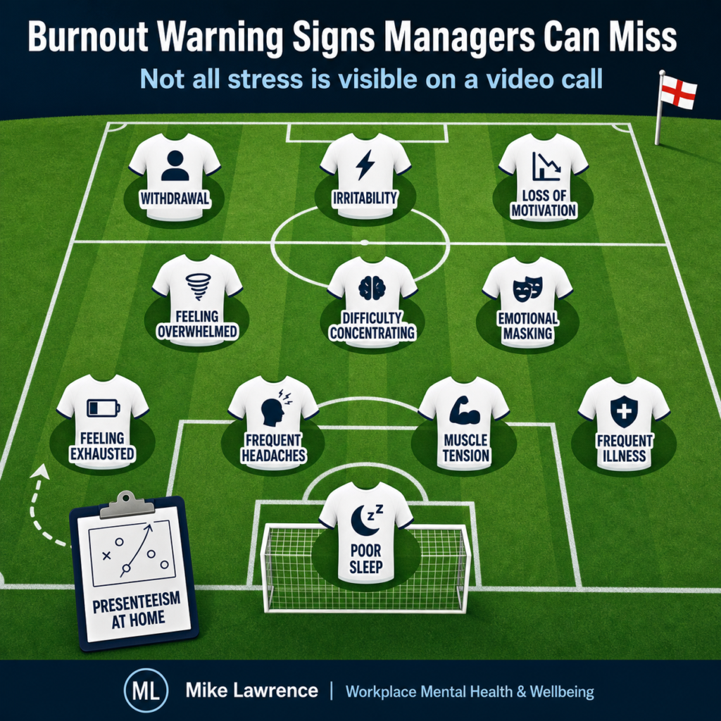 Hybrid working stress warning signs shown as a football team lineup