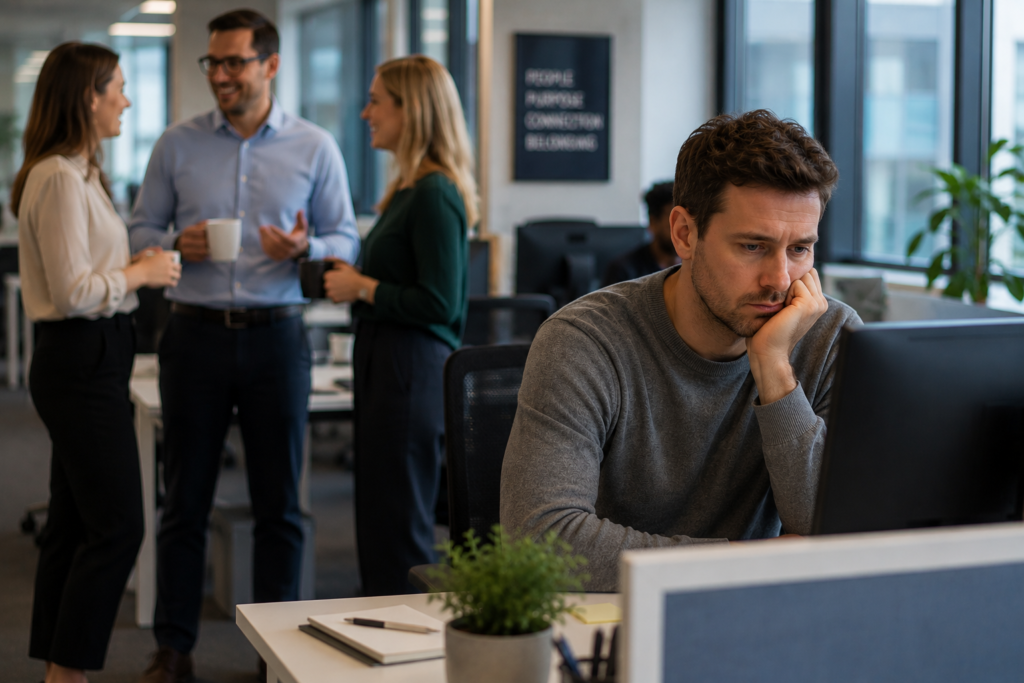 Employee experiencing workplace loneliness while colleagues socialise and connect in the background.