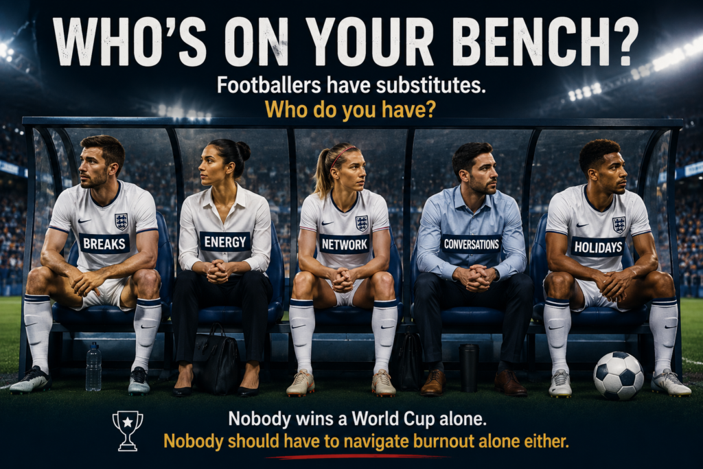 Who's On Your BENCH? Football and workplace wellbeing image showing Breaks, Energy, Network, Conversations and Holidays.