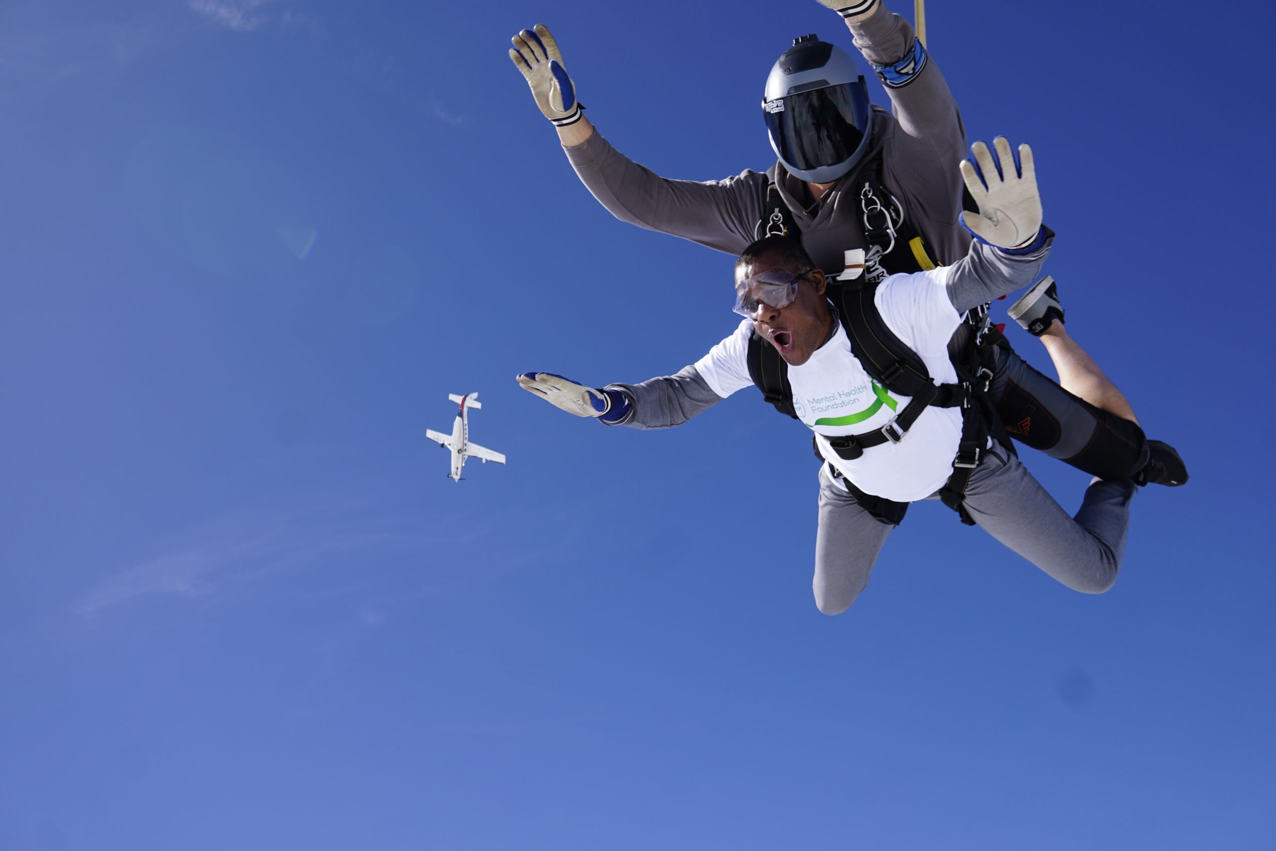 Mike Lawrence completing a charity tandem skydive for the Mental Health Foundation